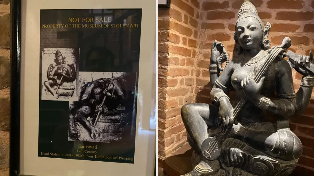 Saraswati idolünün bir kopyası - orijinali parçalanmış ve başı çalınmıştı (soldaki fotoğraf)